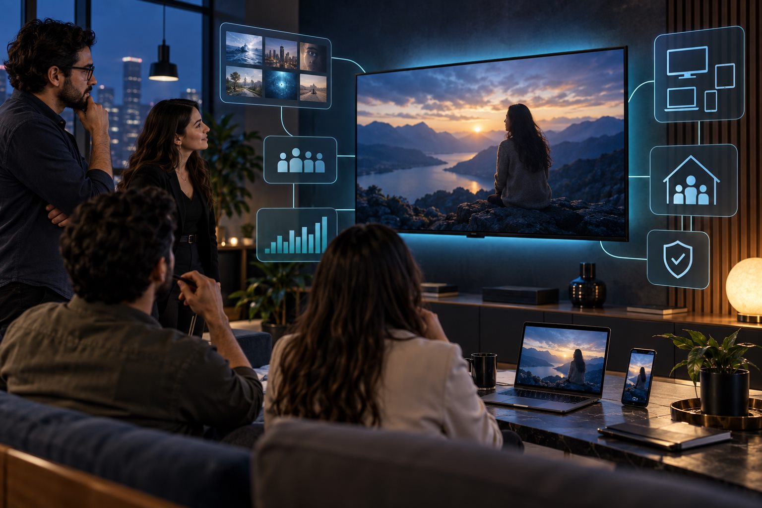Media team reviewing reach, frequency and device paths for a connected TV campaign