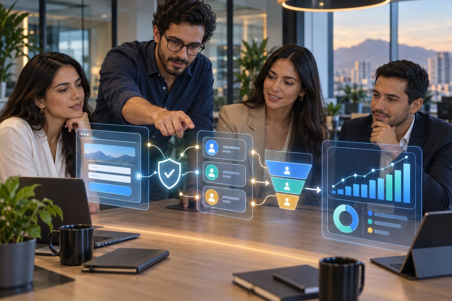 Equipo de marketing y ventas revisa un flujo protegido de formularios, CRM y medición de conversiones
