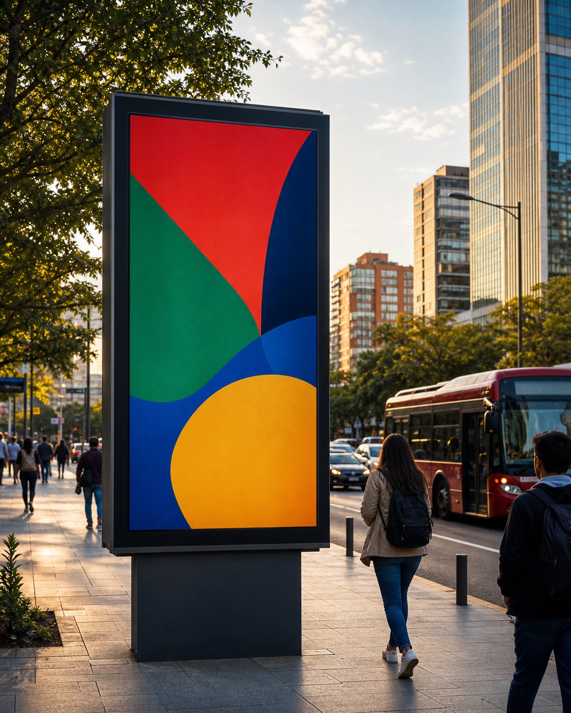 Pantalla publicitaria OOH integrada en un corredor urbano con peatones y transporte